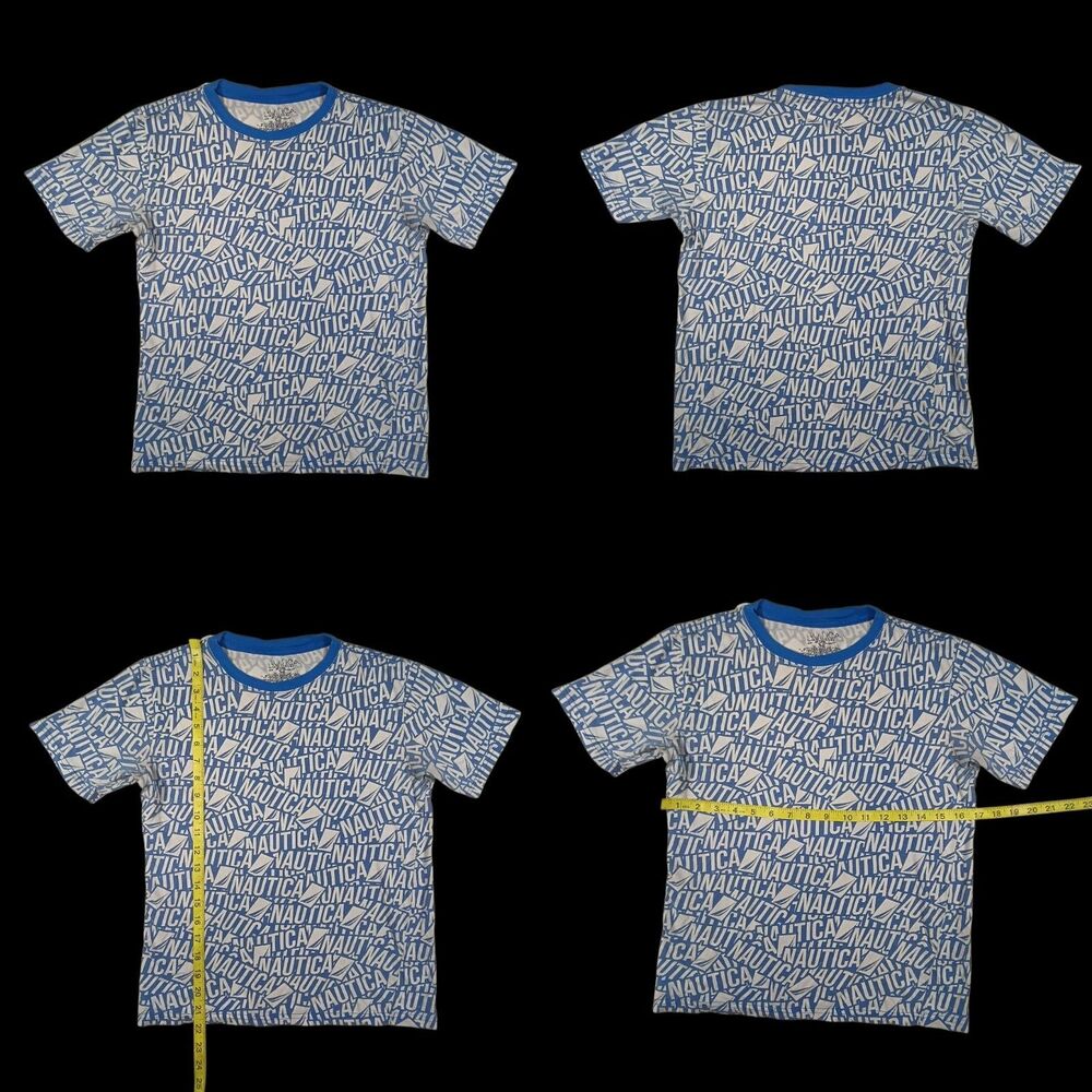 Nautica Youth T-Shirt Size Large 14/16 Blue All Over Spell Out Print Crew Neck